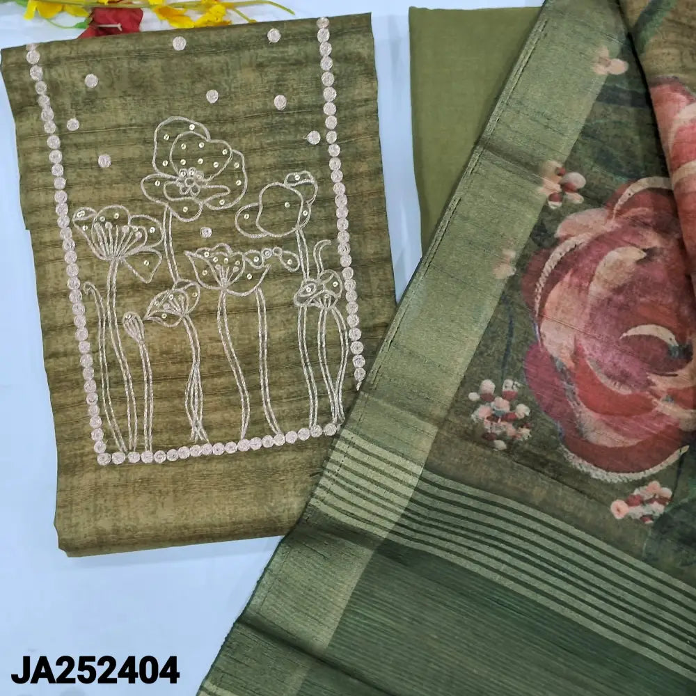 CODE JA252404: Olive green designer abstract printed jute silk unstitched salwar material zari& sequins work on yoke