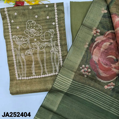CODE JA252404: Olive green designer abstract printed jute silk unstitched salwar material zari& sequins work on yoke