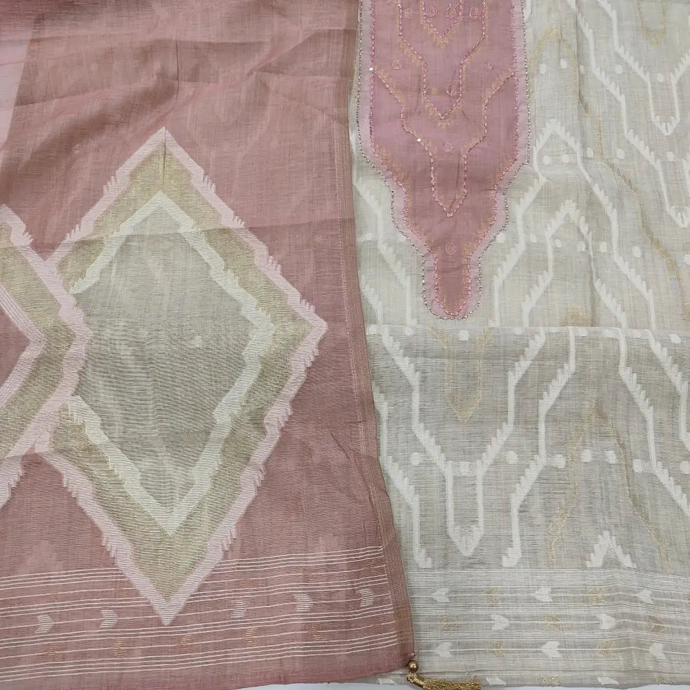 CODE JA252405: Light beige jamdani woven premium silk cotton unstitched salwar material Light pink grey yoke
