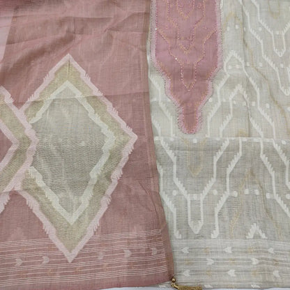 CODE JA252405: Light beige jamdani woven premium silk cotton unstitched salwar material Light pink grey yoke