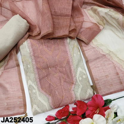CODE JA252405: Light beige jamdani woven premium silk cotton unstitched salwar material Light pink grey yoke