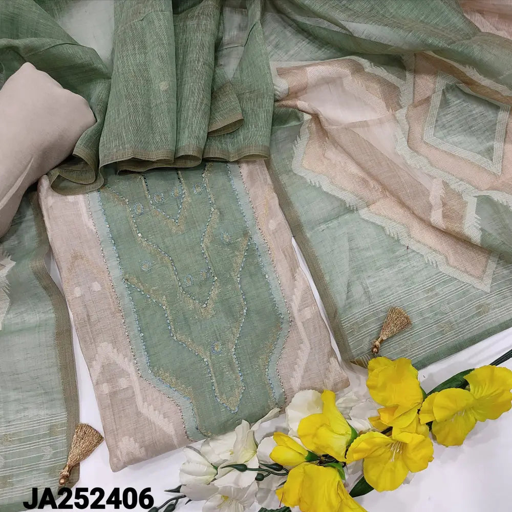 CODE JA252406: Light beige jamdani woven premium silk cotton unstitched salwar material Light green yoke with stitch&