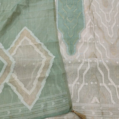 CODE JA252406: Light beige jamdani woven premium silk cotton unstitched salwar material Light green yoke with stitch&