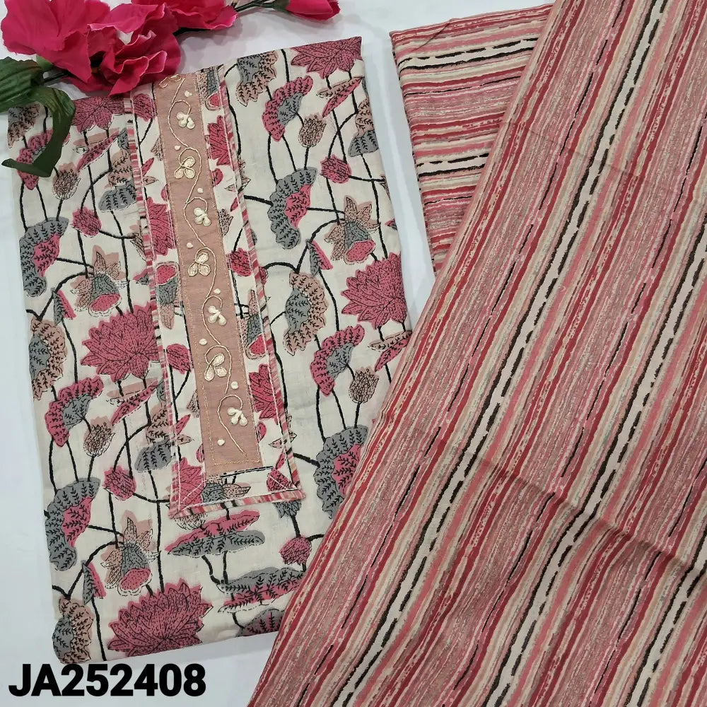 CODE JA252408: Half white base Pink floral printed soft cotton unstitched salwar material(lining needed)printed cotton