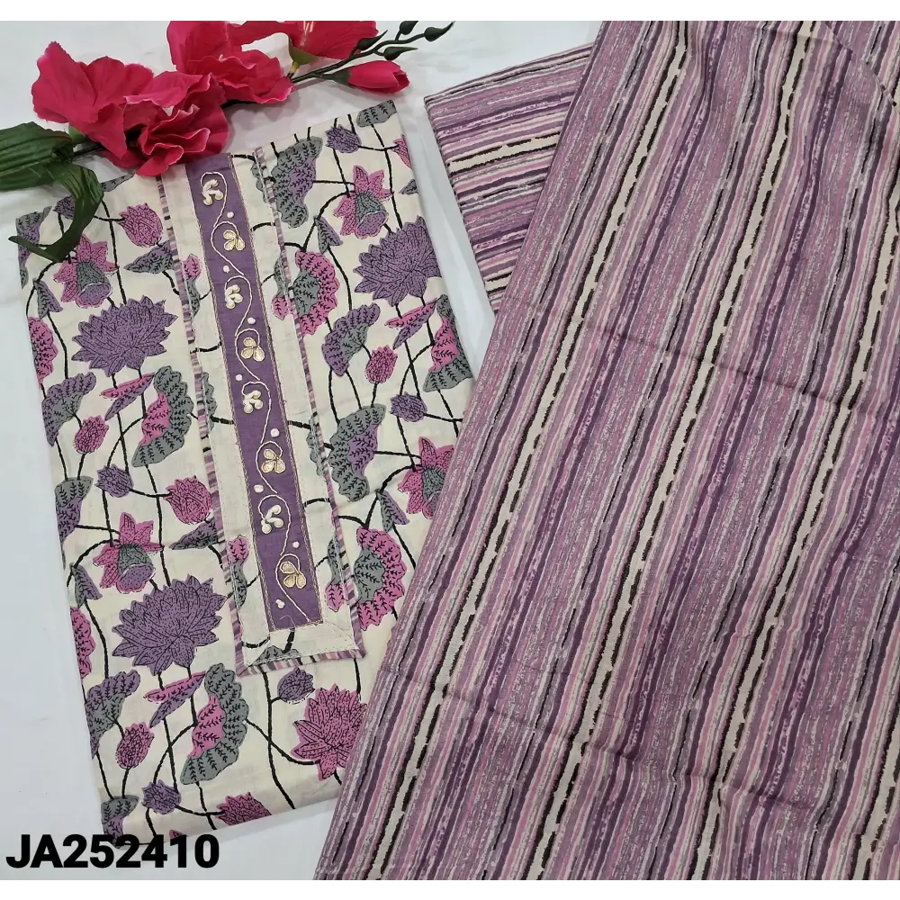 CODE JA252410: Half white base Purple& pink floral printed soft cotton unstitched salwar material(lining needed)printed