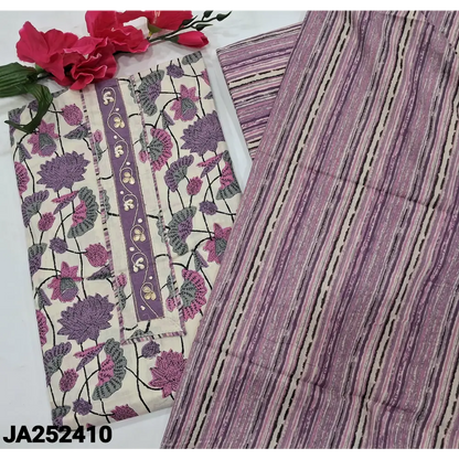 CODE JA252410: Half white base Purple& pink floral printed soft cotton unstitched salwar material(lining needed)printed