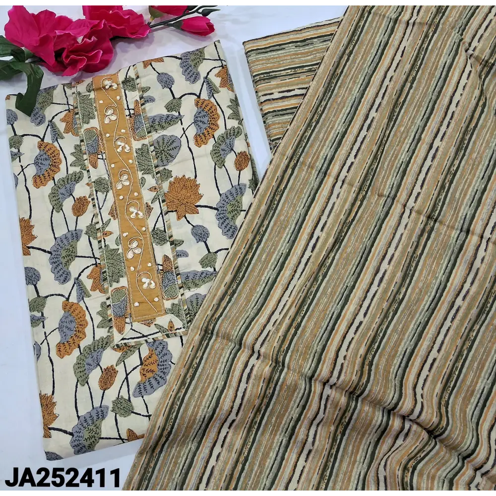 CODE JA252411: Half white base yellow& green floral printed soft cotton unstitched salwar material(lining