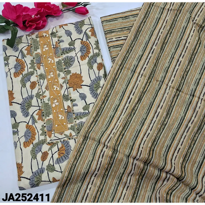 CODE JA252411: Half white base yellow& green floral printed soft cotton unstitched salwar material(lining