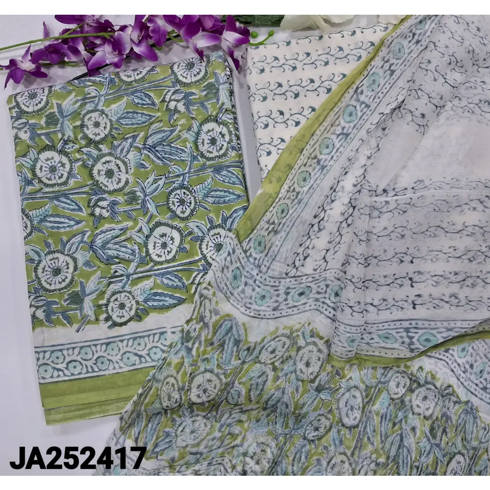CODE JA252417: Pastel green hand block printed pure cotton unstitched salwar material(lining needed)hand block printed