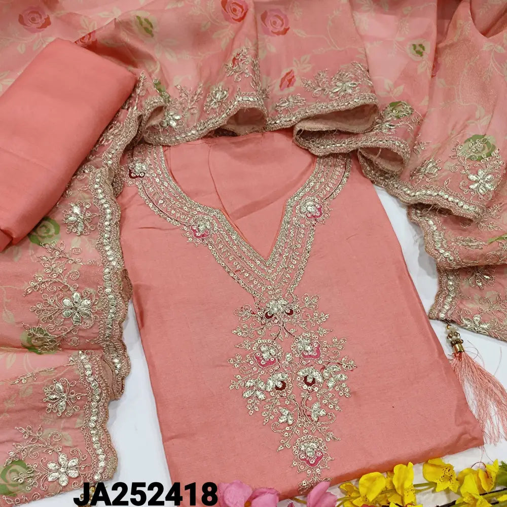 CODE JA252418: Peachish pink pure dola silk unstitched salwar material zari& sequins work on yoke(shiny lining