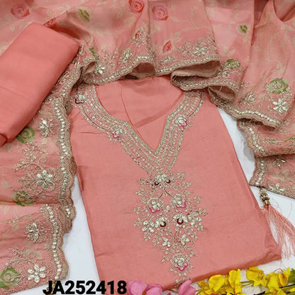 CODE JA252418: Peachish pink pure dola silk unstitched salwar material zari& sequins work on yoke(shiny lining