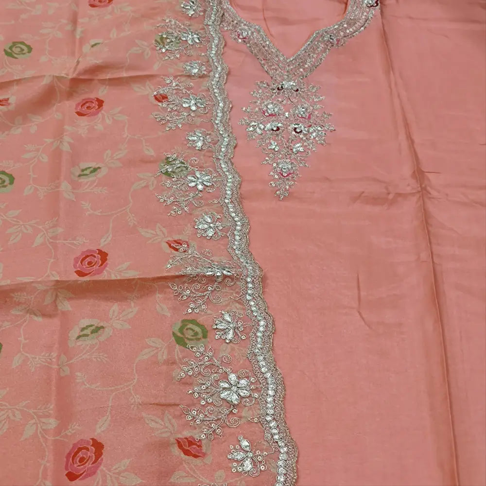 CODE JA252418: Peachish pink pure dola silk unstitched salwar material zari& sequins work on yoke(shiny lining