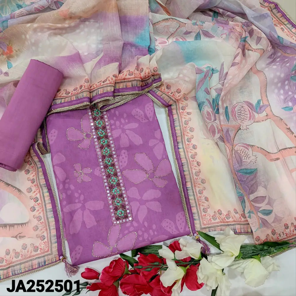 CODE JA252501: Light beetroot purple premium linen unstitched salwar material thread bead& faux mirror work on yoke