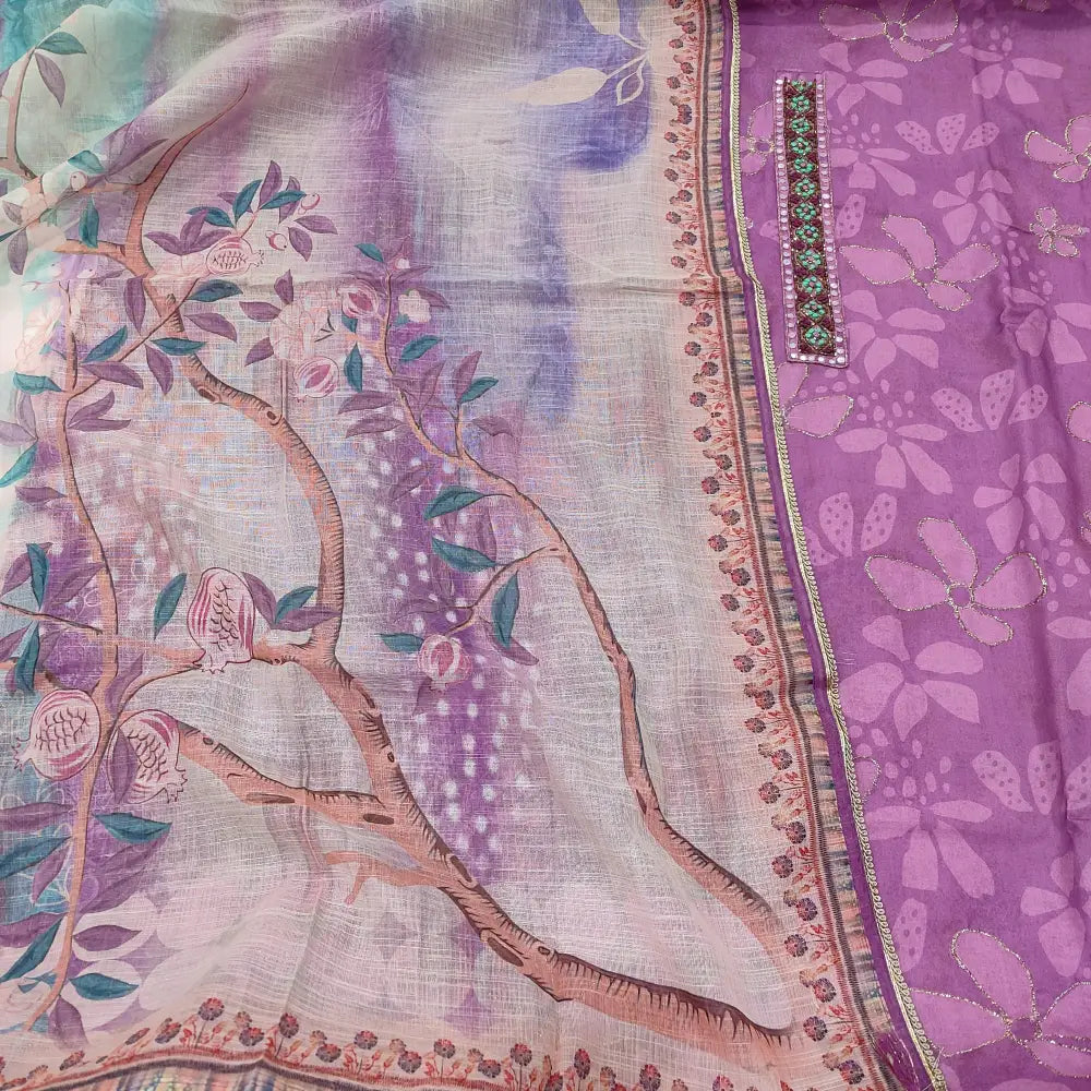 CODE JA252501: Light beetroot purple premium linen unstitched salwar material thread bead& faux mirror work on yoke