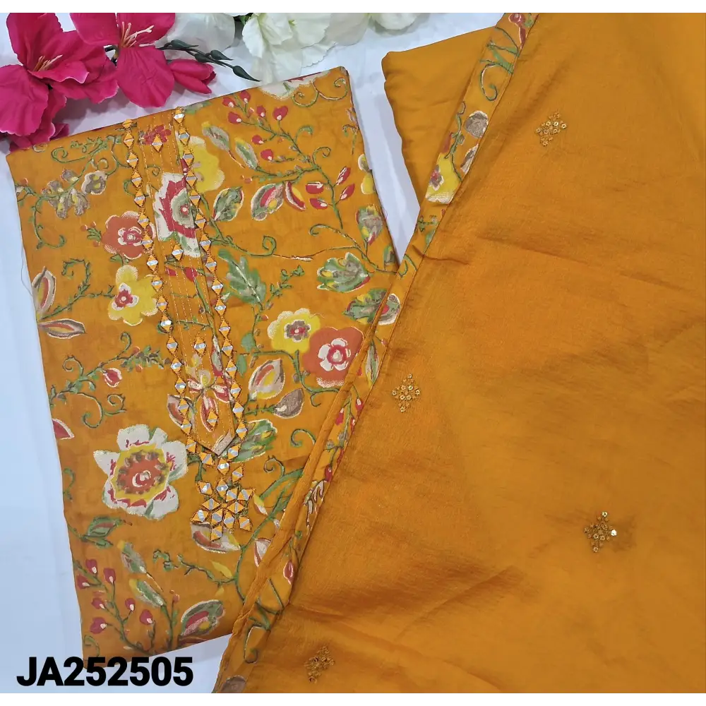 CODE JA252505: Bright mehandhi yellow floral printed satin cotton unstitched salwar material(lining optional)matching