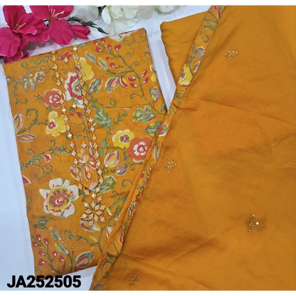 CODE JA252505: Bright mehandhi yellow floral printed satin cotton unstitched salwar material(lining optional)matching
