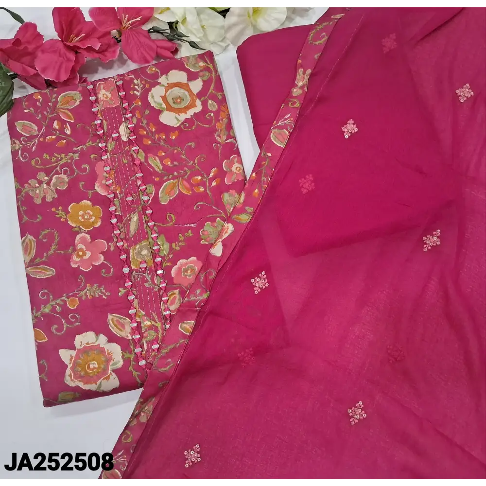 CODE JA252508: Bright pink floral printed satin cotton unstitched salwar material(lining optional)matching spun cotton
