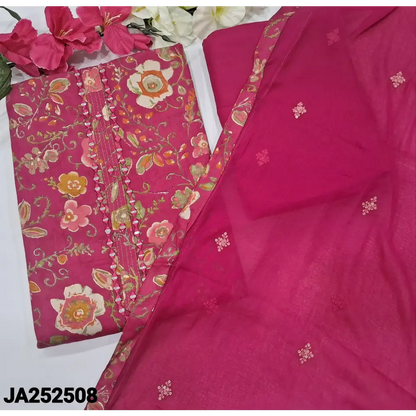 CODE JA252508: Bright pink floral printed satin cotton unstitched salwar material(lining optional)matching spun cotton