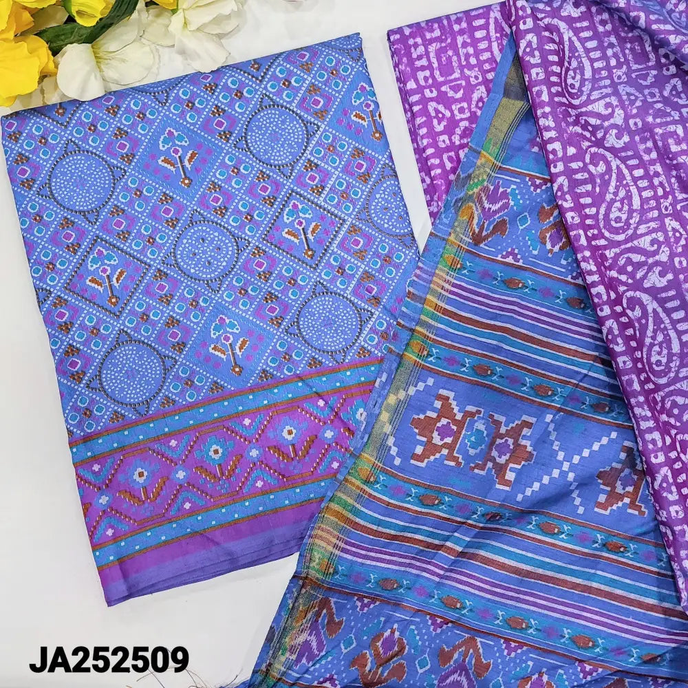 CODE JA252509: Ink blue base patola printed fancy silk unstitched salwar material(lining needed)printed purple fancy
