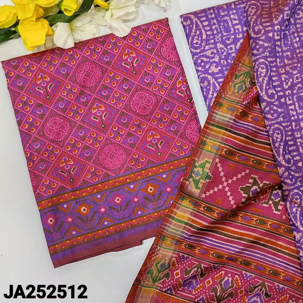 CODE JA252512: Bright pink base patola printed fancy silk unstitched salwar material(lining needed)printed purple fancy