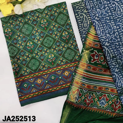 CODE JA252513: Turquoise green base patola printed fancy silk unstitched salwar material(lining needed)printed teal