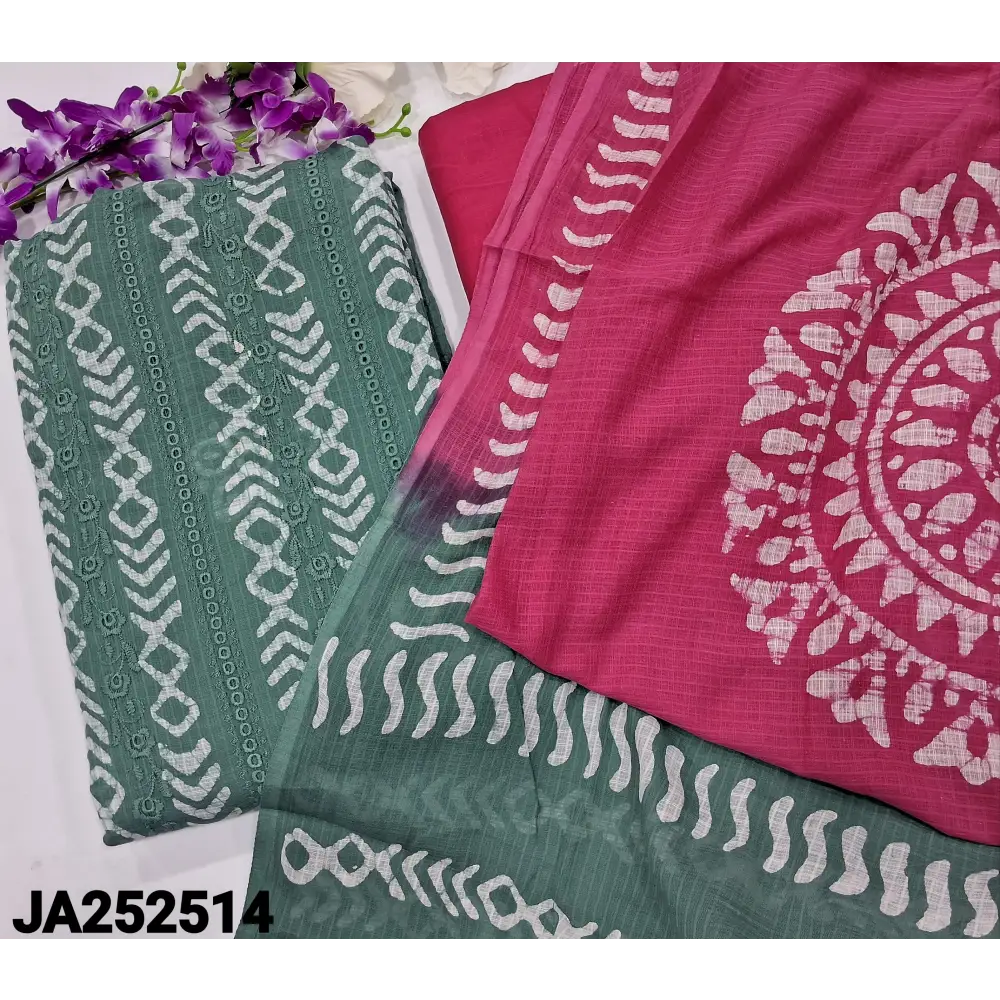 CODE JA252514: Sage green original wax batik dyed schiffli embroidered soft kota cotton unstitched salwar material