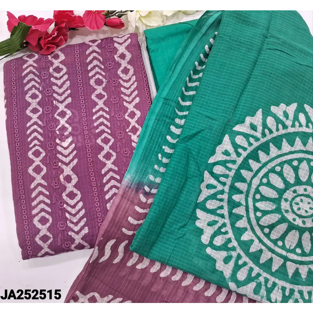 CODE JA252515: Light purple original wax batik dyed schiffli embroidered soft kota cotton unstitched salwar material