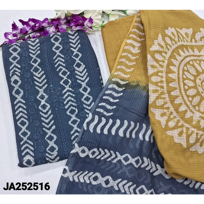 CODE JA252516: Bluish grey original wax batik dyed schiffli embroidered soft kota cotton unstitched salwar material