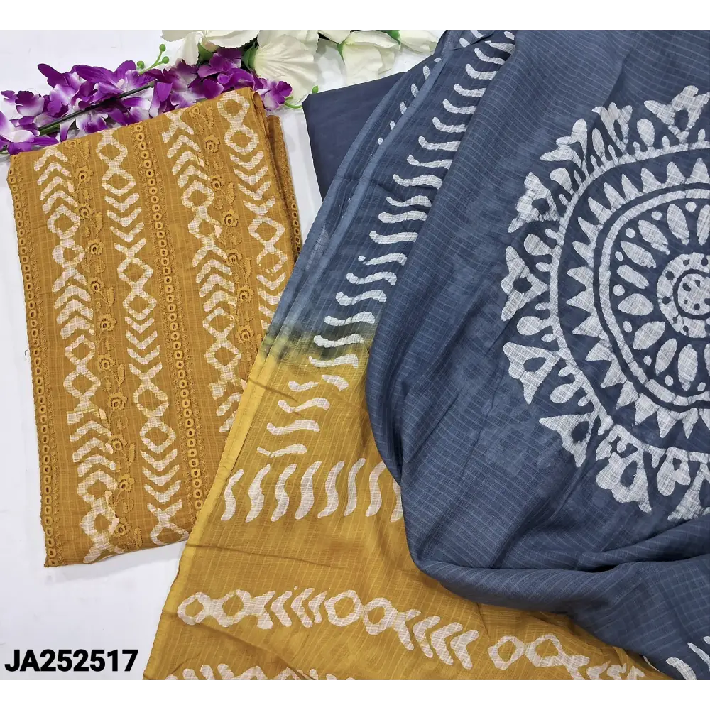 CODE JA252517: Mehandhi yellow original wax batik dyed schiffli embroidered soft kota cotton unstitched salwar material