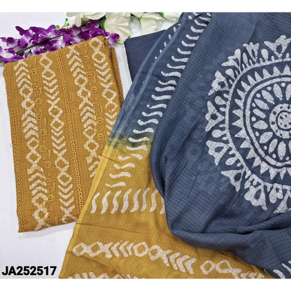 CODE JA252517: Mehandhi yellow original wax batik dyed schiffli embroidered soft kota cotton unstitched salwar material