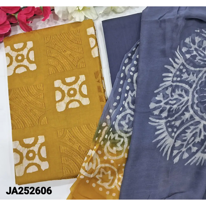 CODE JA252606: Mehandhi yellow original batik dyed pure soft cotton unstitched salwar material embroidered