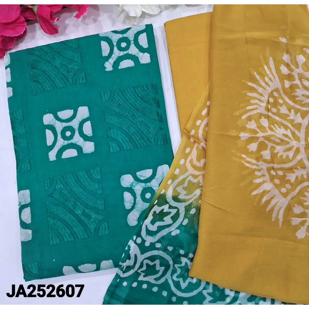 CODE JA252607: Teal green original batik dyed pure soft cotton unstitched salwar material embroidered on front(lining