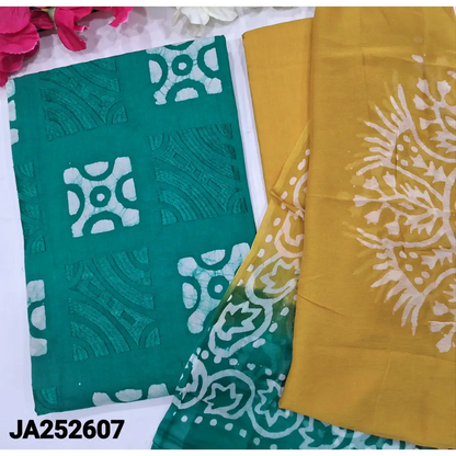 CODE JA252607: Teal green original batik dyed pure soft cotton unstitched salwar material embroidered on front(lining