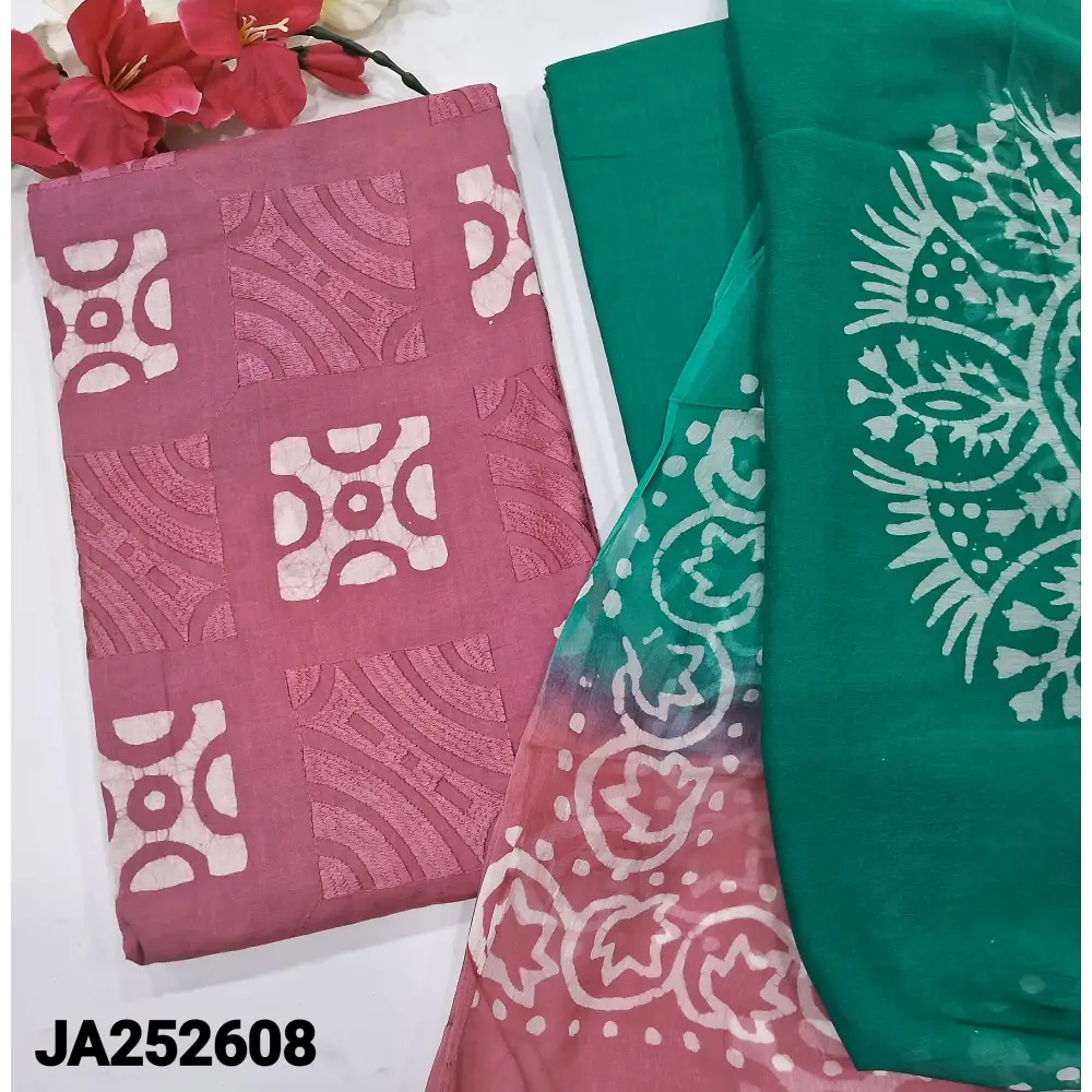 CODE JA252608: Pink original batik dyed pure soft cotton unstitched salwar material embroidered on front(lining