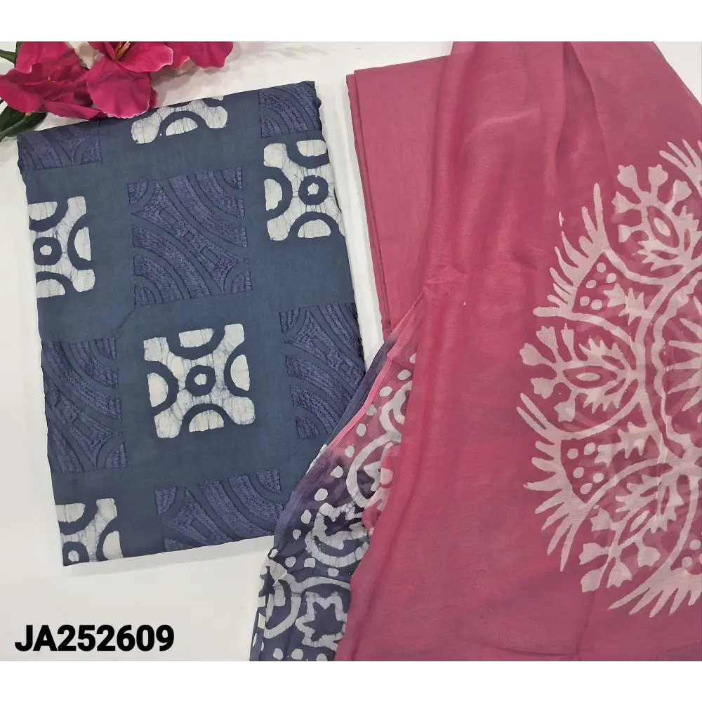 CODE JA252609: Grey original batik dyed pure soft cotton unstitched salwar material embroidered on front(lining