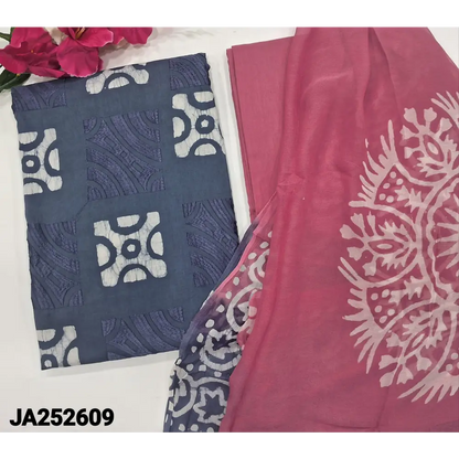 CODE JA252609: Grey original batik dyed pure soft cotton unstitched salwar material embroidered on front(lining