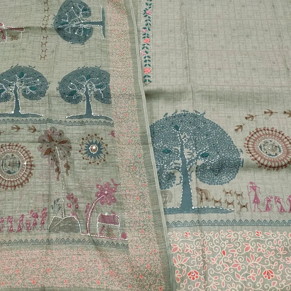 CODE JA252611: Greyish beige premium linen unstitched salwar material hand embroidered on yoke& daman(lining