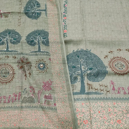 CODE JA252611: Greyish beige premium linen unstitched salwar material hand embroidered on yoke& daman(lining