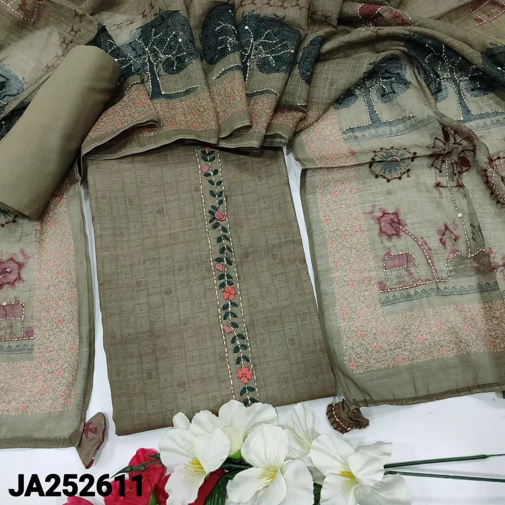 CODE JA252611: Greyish beige premium linen unstitched salwar material hand embroidered on yoke& daman(lining