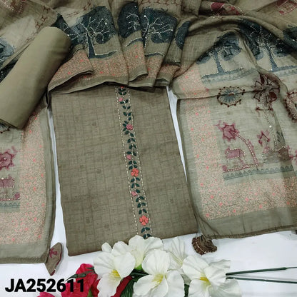 CODE JA252611: Greyish beige premium linen unstitched salwar material hand embroidered on yoke& daman(lining