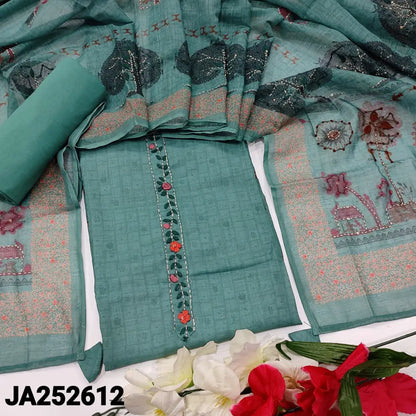 CODE JA252612: Bluish grey premium linen unstitched salwar material hand embroidered on yoke& daman(lining needed)drum