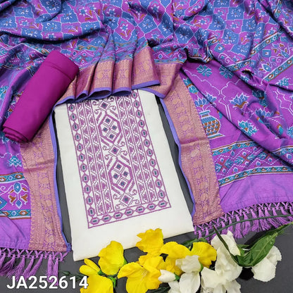 CODE JA252614: White premium self embroidered jakard glazed cotton unstitched salwar material cross stitch embroidered