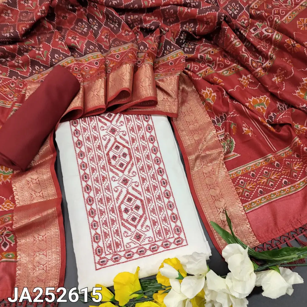 CODE JA252615: White premium self embroidered jakard glazed cotton unstitched salwar material cross stitch embroidered