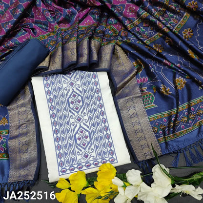 CODE JA252616: White premium self embroidered jakard glazed cotton unstitched salwar material cross stitch embroidered