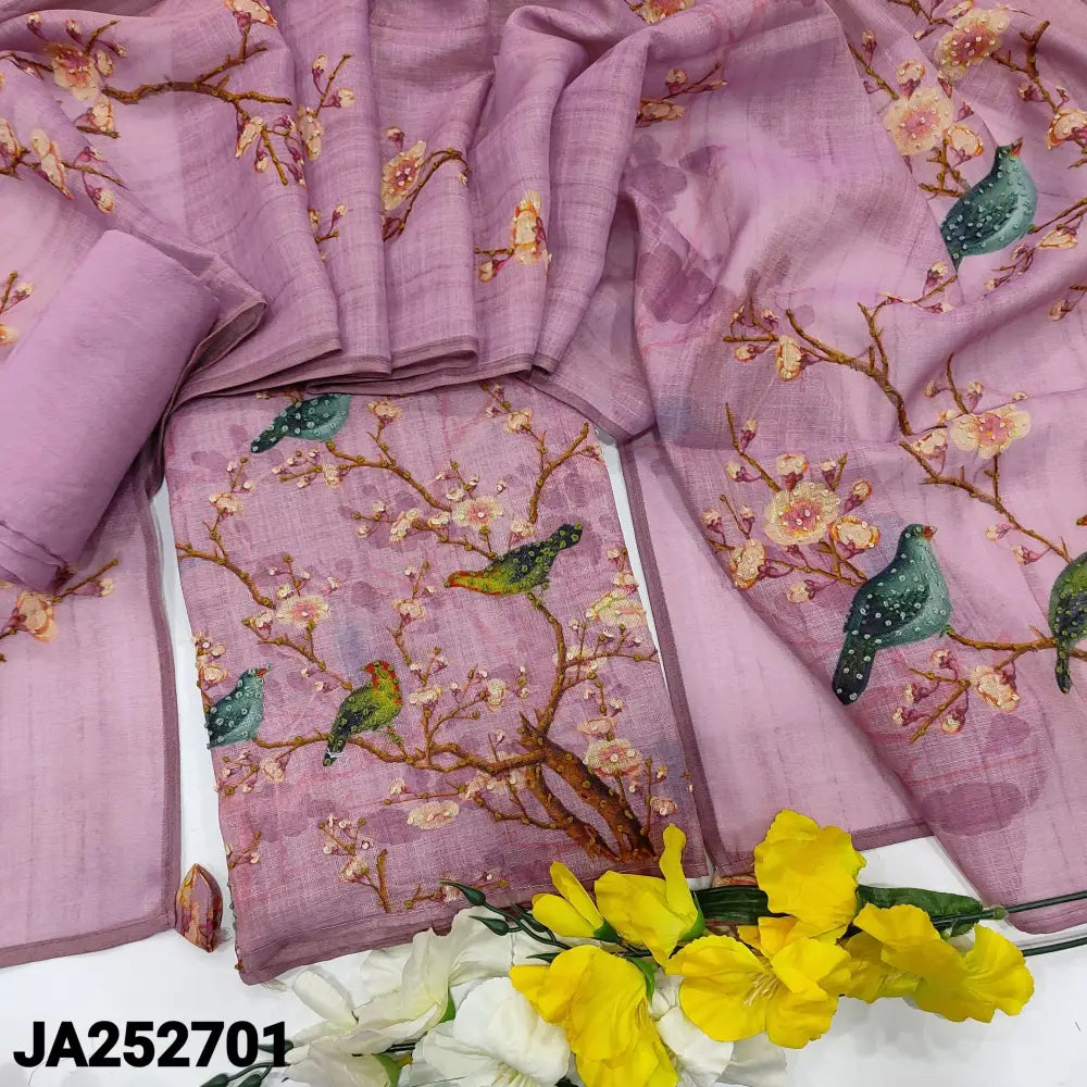 CODE JA252701: Pastel pink with golden tint designer tissue linen unstitched salwar material v neck hand embroidered