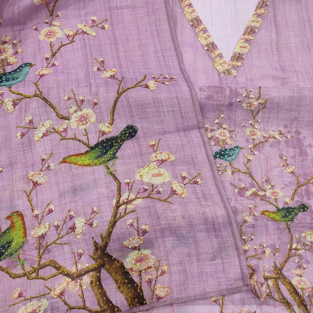 CODE JA252701: Pastel pink with golden tint designer tissue linen unstitched salwar material v neck hand embroidered