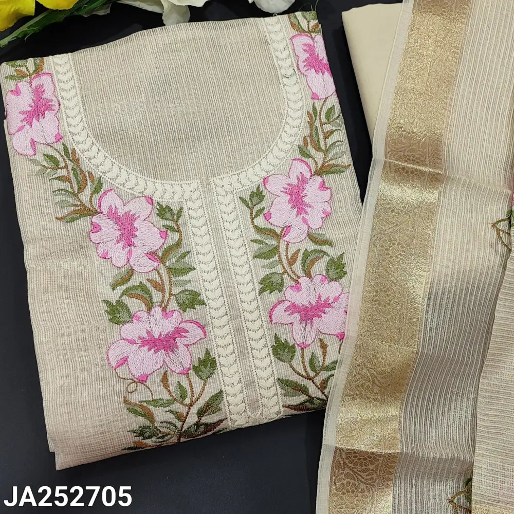 CODE JA252705: Golden beige tissue kota unstitched salwar material pink floral embroidered on yoke(thin fabric lining
