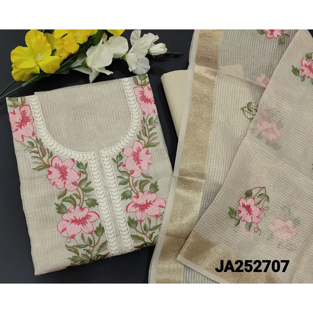 CODE JA252707: Golden beige tissue kota unstitched salwar material peachish pink floral embroidered on yoke(thin fabric
