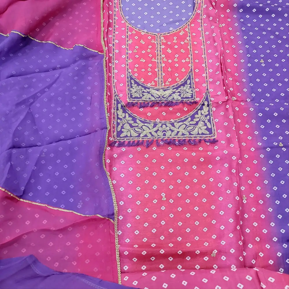 CODE JA252802: Pink& purple bandhini printed russian silk unstitched salwar material zari work on yoke& front(shiny
