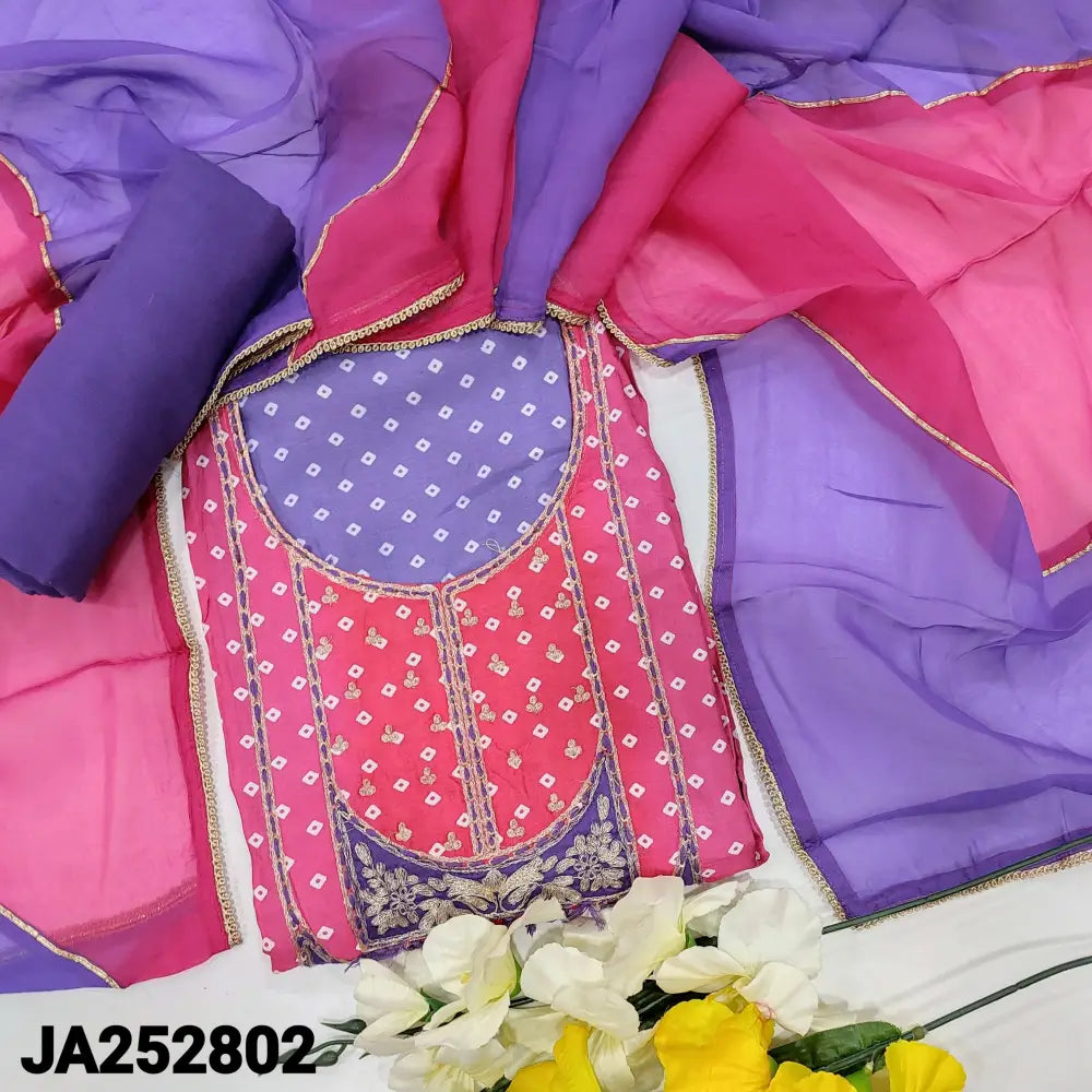 CODE JA252802: Pink& purple bandhini printed russian silk unstitched salwar material zari work on yoke& front(shiny